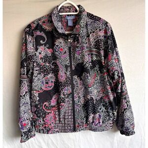 Koret Sport Black Paisley Full Zip Jacket Womens Petite PM Long Sleeve Satin